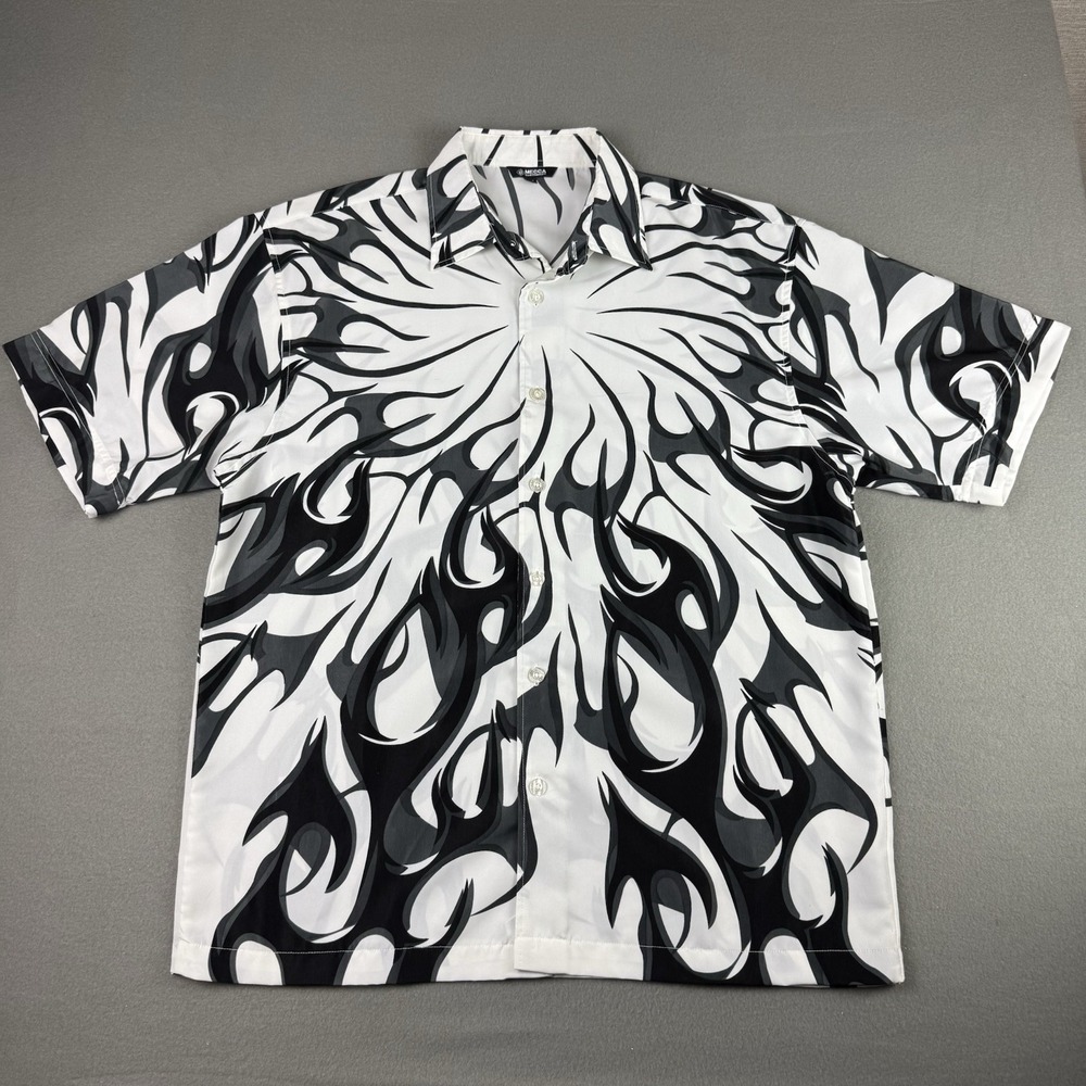 Vintage Y2K Mecca Shirt Mens Large All‎ Over Print Flames White Black Ricky TPB